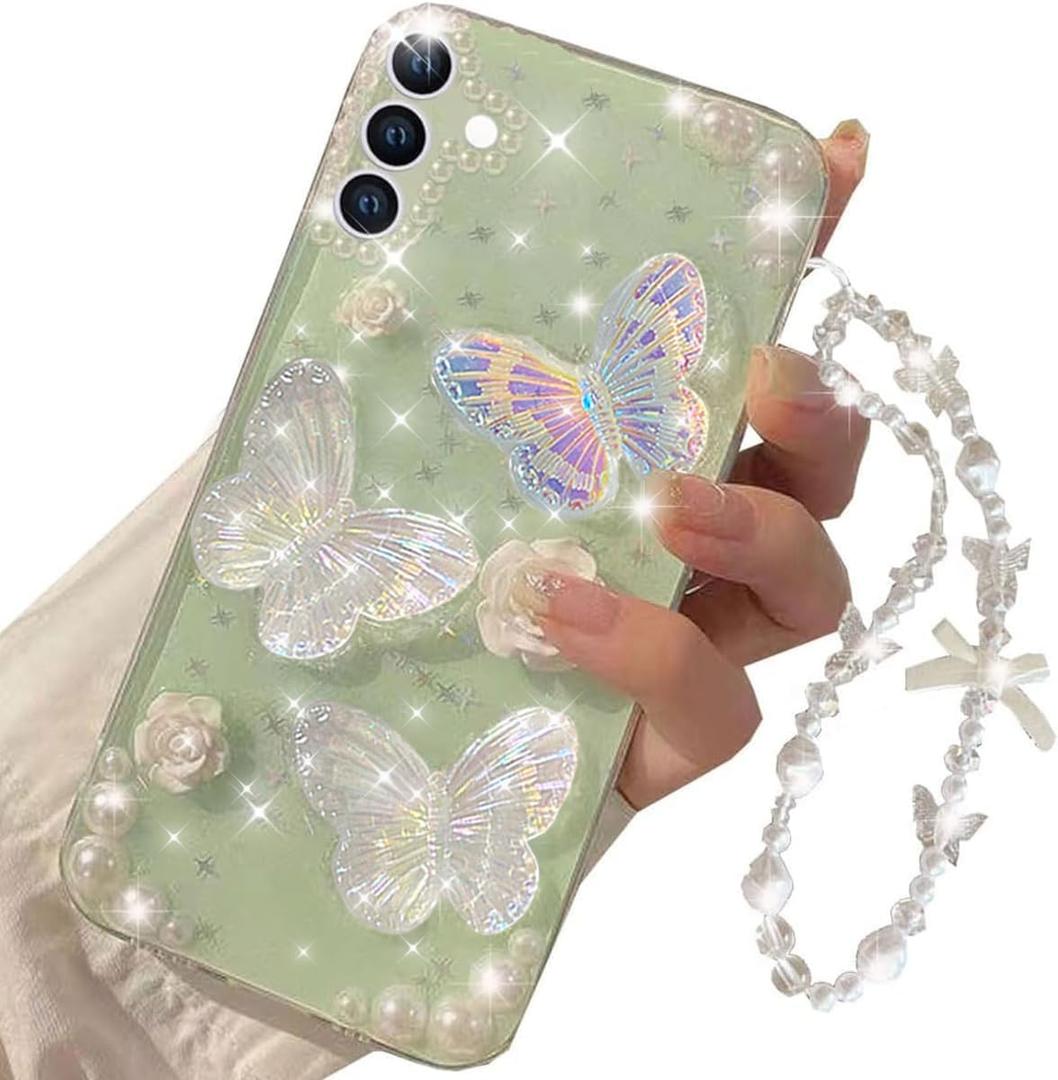 For Samsung Galaxy A16 5G Case 3D Butterfly Floral Pearls Design wtih Hand Wrist Strap, Clear Cute Bling Glitter Sparkle Aesthetic Bracelet Phone Cover for Galaxy A16 (Clear)