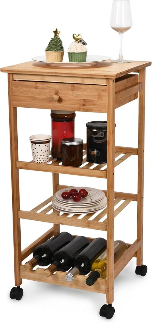Kitchen Cart with Drawer and Basket - Brown Kitchen Cart Island for Small Spaces - Extra Counter Space or Spice Rack - Portable Dining Table with Wheels - Elegant Solid Wood Top, Spice Drawer