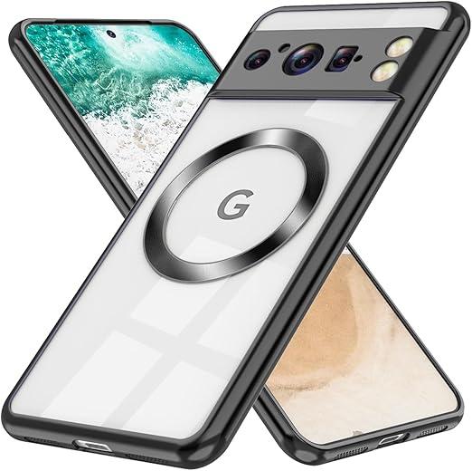 Magnetic Phone Case for Google Pixel 8 Pro 6.7 Inch,Clear Luxury Electroplated Slim Thin Clear Phone Case Dust-Proof Net Shockproof Protective Case (Black)