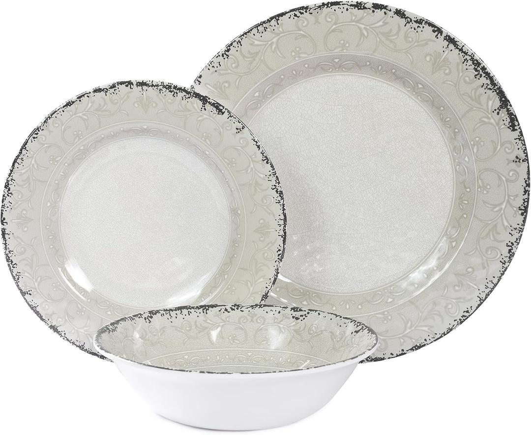 Melamine Dinnerware Set for 4, 12-Piece Rusty Gray BPA-Free, Dishwasher-Safe Plates & Bowls for Indoor Outdoor Dining, Portable and Reusable