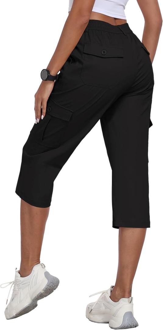 MoFiz Women's Cargo Capris Pants Summer Casual Lightweight Cotton Hiking Travel Capri Pants with 6 Pockets Black S