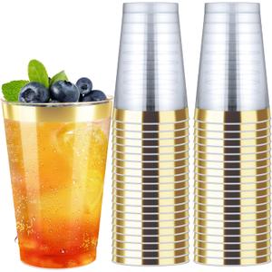 Byvivace 12oz Clear Plastic Cups with Gold Rimmed Sturdy & Food Safe Disposable Wine Glasses Wedding Cups Party Cups Plastic Cocktail Glasses for Wine, Juice, Cocktails and Cold Beverages [100 Pack]