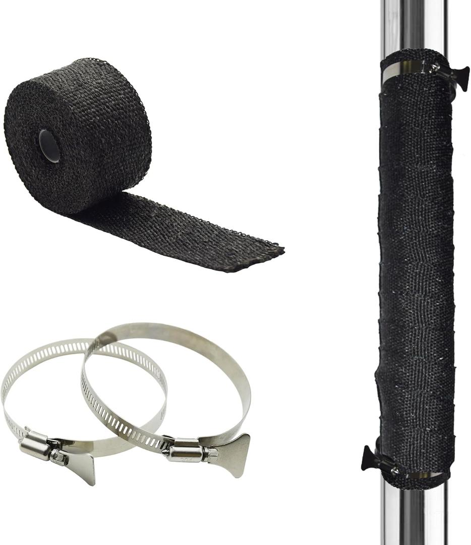 DOBTIM Fireproof Pipe Wrap Insulation 2" Wide X 16' Long, Fiberglass Heat Shield Tape Pipe Webbing for Stove Flue Protector with 2 Clamps, Black