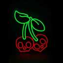Cherry Halloween Neon Sign  Gothic Skull Cherries LED Wall Decor, Red & Green Light Up Sign for Bedroom, Bar, Summerween & Spooky Aesthetic