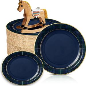 100 Pcs Green Blue Tartan Plaid Paper Plates We Can Bearly Wait Party Plates Disposable Tableware Decoration for Guests Baby Shower Wedding Birthday Party Supplies (Blue,9" X 9")