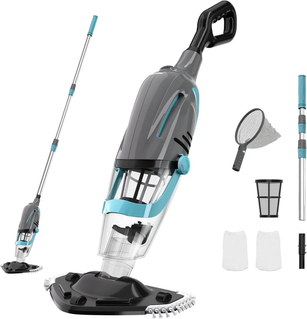 Cordless Handheld Pool Vacuum, Pool Vacuum for Above Ground Pool with Telescopic Pole and Leaf-Scooping Net, Rechargeable Pool Cleaner 18.5 Gal/Min Suction, 80 Min Runtime, Dual-Filter Cleaning System