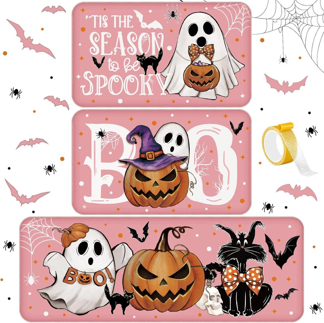 Tinideya 3 Pcs Halloween Ghost Kitchen Rugs and Mats Set Farmhouse Pumpkin Ghost Rugs Non Slip Halloween Kitchen Mat Cat Boo Floor Mats Halloween Decorations for Kitchen Bathroom Home Office (Pink)