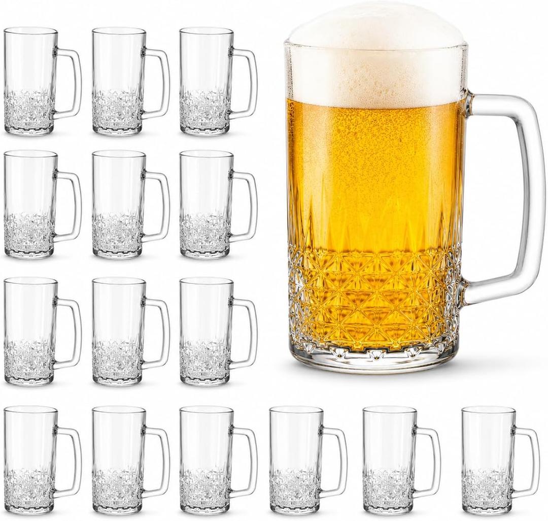 Beer Mugs For Freezer, 20oz Heavy Glass Mugs with Handles Set of 16