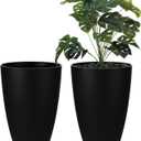 2 Pack 14 Inch Tall Planters for Outdoor Indoor Plants, Black Round Resin Plant Flower Pots with Drainage Hole for Front Porch Patio Garden Deck Living Room Decor
