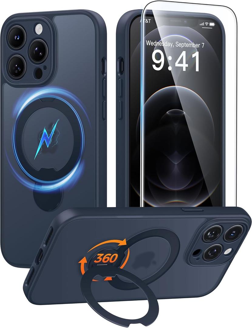 FNTCASE for iPhone 12 Pro-Max Case: [360 Spin Magnetic Stand] [Compatible with Magsafe] [Screen Protector] Translucent Matte Military Grade Shockproof Full Camera Protective Phone Cover - Deep Blue