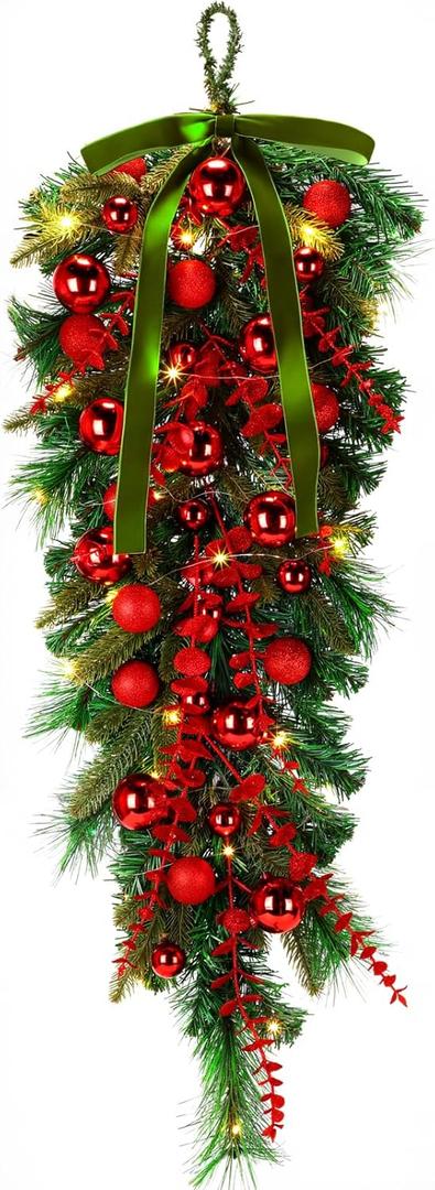 36 Inch Green Extra Long Valentines Teardrop Swag with Lights Red Balls Velvet Bows Cedar Teardrop Wreath Ornaments Valentines Decorations for Indoor Outdoor Stairs Hanging Doors Tables