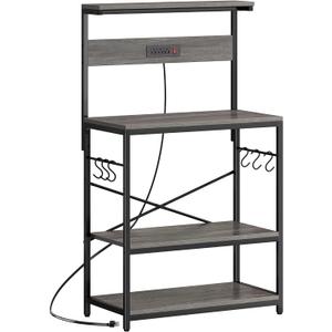 SUPERJARE Bakers Rack with Power Outlets, Microwave Stand, 31.5 X 16.5 Inch Larger Desktop, Kitchen Storage Rack with Adjustable Middle Shelf, 6 S-Shaped Hooks, Coffee Bar Stand, Grey (Charcoal Gray)