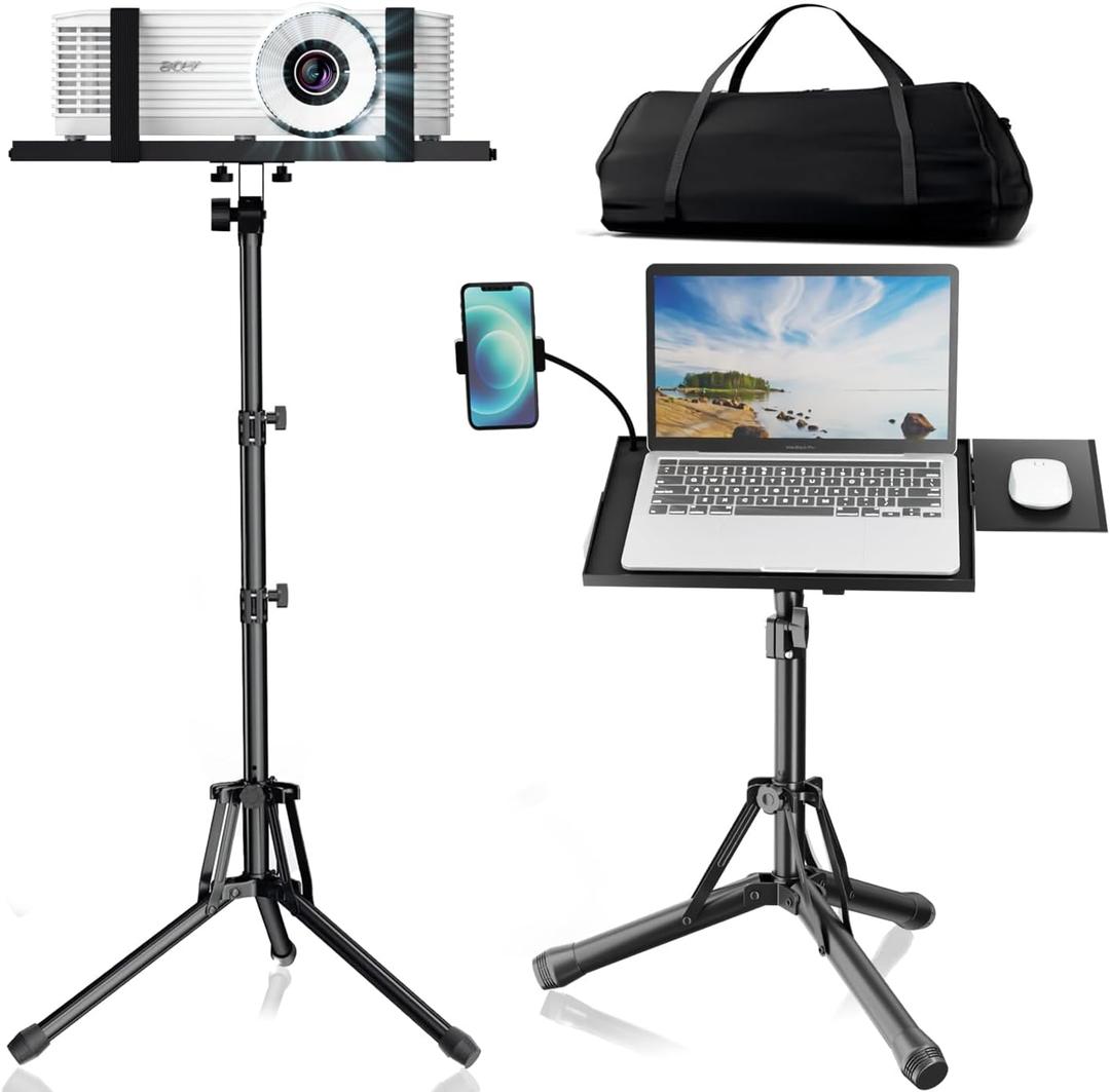 Projector Stand Laptop Tripod - Portable Tripod Adjustable Height 20 to 60 Inch, Projector Stand with Gooseneck Phone Holder  Mouse Tray, Laptop Floor Stand for Podium, Studio, DJ Racks (Black)