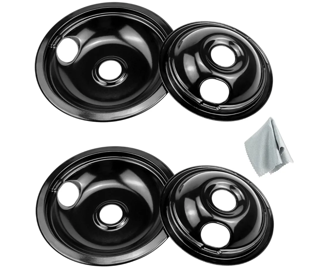 Black Stove Drip Pans Set of 4 Fit for Ken-more, Fri-gidaire Stove, Porcelain Drip Pans Replace 5304430149, 5304430150, 318067041, 318067051 by Fetechmate - Include 2 6-In and 2 8-In Burner Drip Pan