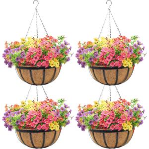 ZVOWOS 12 Inch Black Flat Iron Metal Hanging Planter Basket with Coco Coir Liner(4 Pack) Hanging Planters for Outdoor Plants Hanging Baskets for Plants Flower Pots for Deck Patio Porch Garden Balcony