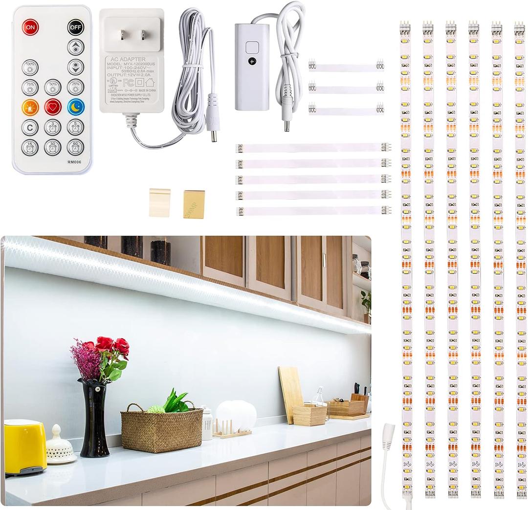 WOBANE Under Counter Light, Dimmable LED Under Cabinet Lighting, 6 PCS LED Strip Light Bars with Remote Control for Kitchen, Shelf, Pantry, Showcase, Desk, Cupboard 6000K White, Timing, 16W 1500LM,9.8 ft