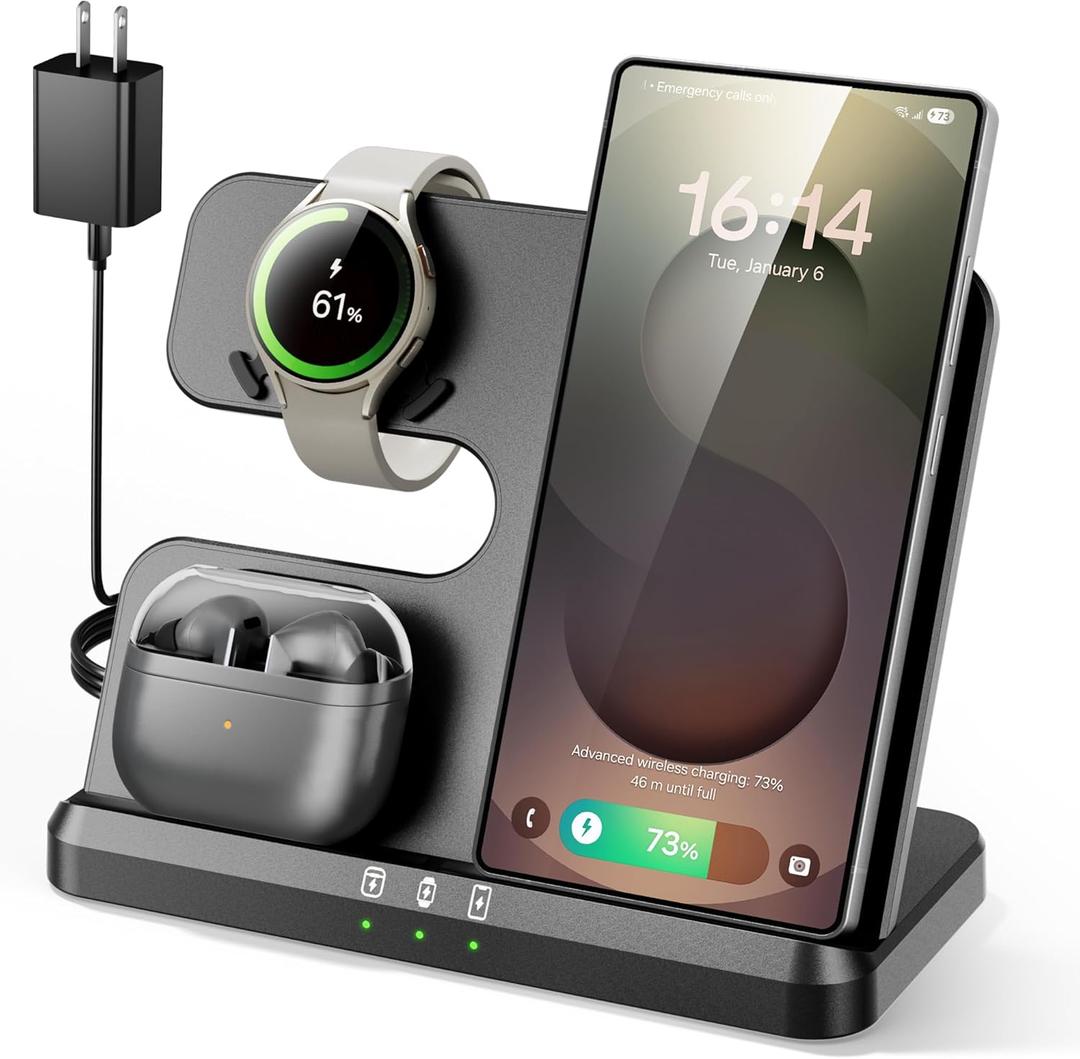 3 in 1 Charging Station for Samsung, Wireless Charger Stand for Galaxy S26/S25/S24/S23/Z Fold, Phone and Watch Charger for Samsung Watch Galaxy 8/7/6/5, Galaxy Buds 3/2/Pro (Black)
