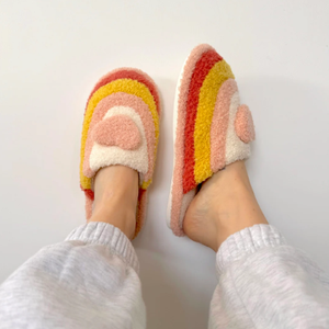 MIA Color Block Heart Decor Fuzzy Bedroom Slippers Cute Warm Fuzzy Plush Multicolor Preppy Striped Women Indoor Slippers 9 size