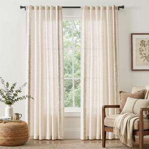 jinchan Beige Linen Blend Curtains with Woven Trim Boho Curtains 84 Inches Length 2 Panels for Living Room Bedroom Light Filtering 50 Inches Wide Rustic Farmhouse Drapes with Rod Pocket Back Tab Ecru (84"L x 50"W)