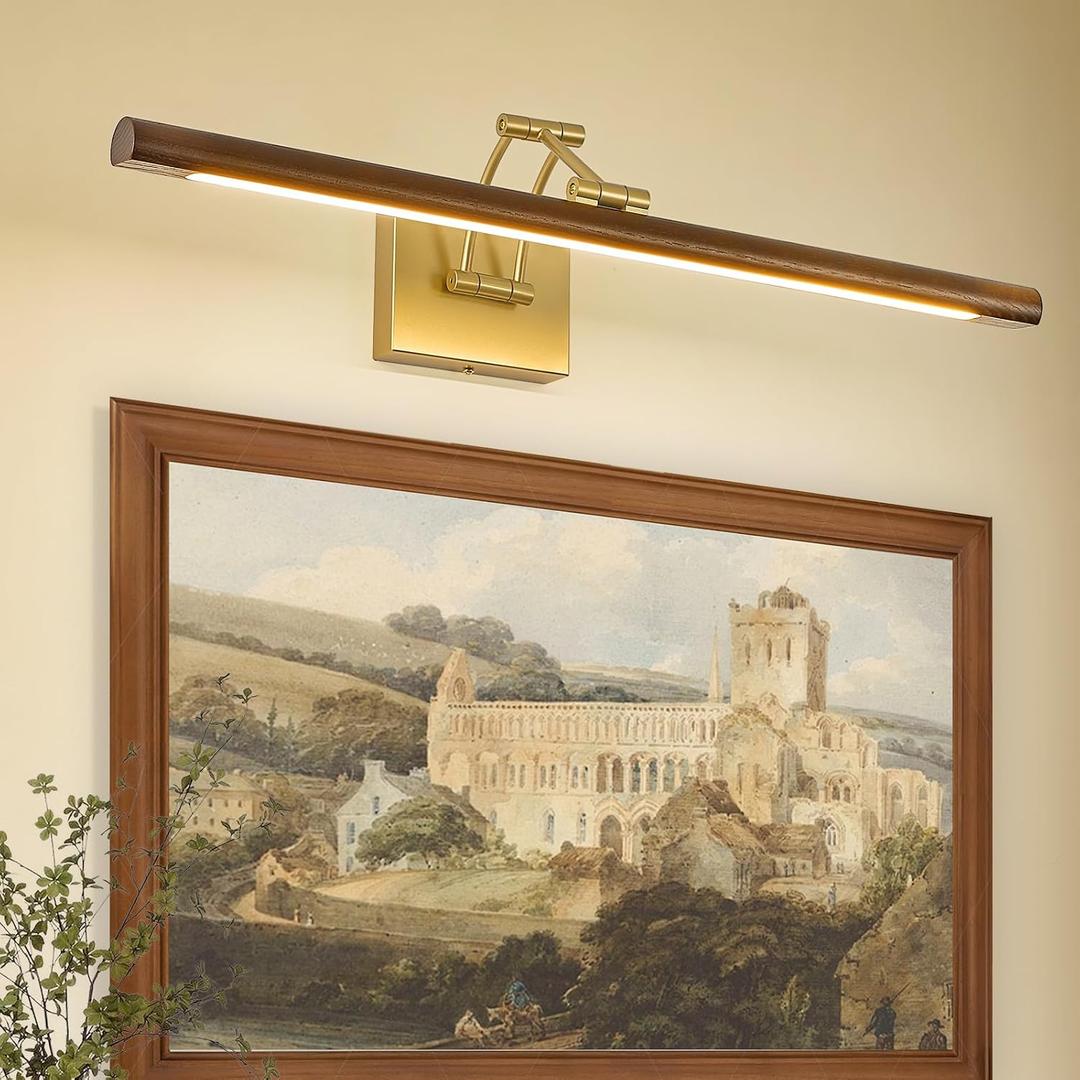 VitaLink Picture Lights for Wall, Hardwired 27.5" Long Gold Wall Picture Artwork Paintings Display Lighting Swing Arms Wooden Wall Lamp Bathroom Vanity Light Dimmable 5CCT