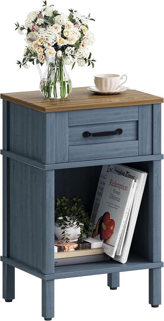 Small Farmhouse Nightstand, Wood Night Stand Set, End Table with Drawer, Small Rustic Wooden Bedside Table, Bed Side Table for Bedroom, Blue end Table with Storage for Bedroom LET512LR