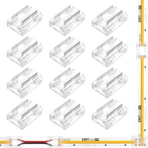 EMITEVER 8-in-1 LED Strip Connectors 12pcs, 2 Pin 10mm COB Tape Lights Terminal Connectors 8 Types Solderless Transparent Connection for 5V 12V 24VStraight, Corner, Strip to Strip, Strip to Wire