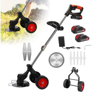 Electric Weed Wacker Cordless Eater Battery Powered 21V Lightweight No-String Weed Trimmer 3 in 1 Stringless Grass Trimmer/Edger/Brush Cutter with 3 Types Blade & Wheels for Yard and Garden-Orange