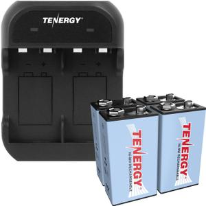 Tenergy 9V Battery Rechargeable 250mAh 4 Pack NiMH Square Battery with 2 Bay 9V Battery Charger for Smoke Alarm/Detector