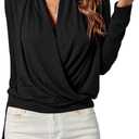 LYANER Women's Casual V Neck Cross Wrap Long Sleeve Solid Blouse Shirt Top (Black-1)