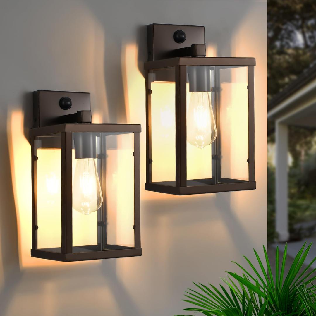 NOVCAND Dusk to Dawn Outdoor Light Fixtures, 2-Pack Sensor Porch Lights, Waterproof Exterior Wall Sconce Lighting Lamp, Waterproof Wall Lantern for House, Doorway, Garage (Brown)