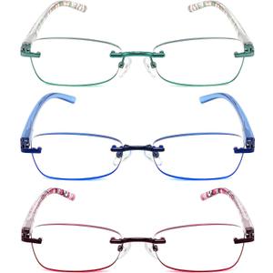 JJWELL 3 Pack Reading Glasses for Women Blue Light Blocking, Anti Eyestrain/UV 400 Filter Readers with Spring Hinge, Lightweight Rimless Tinted Metal Blue Rays Eyeglasses (+2.75)
