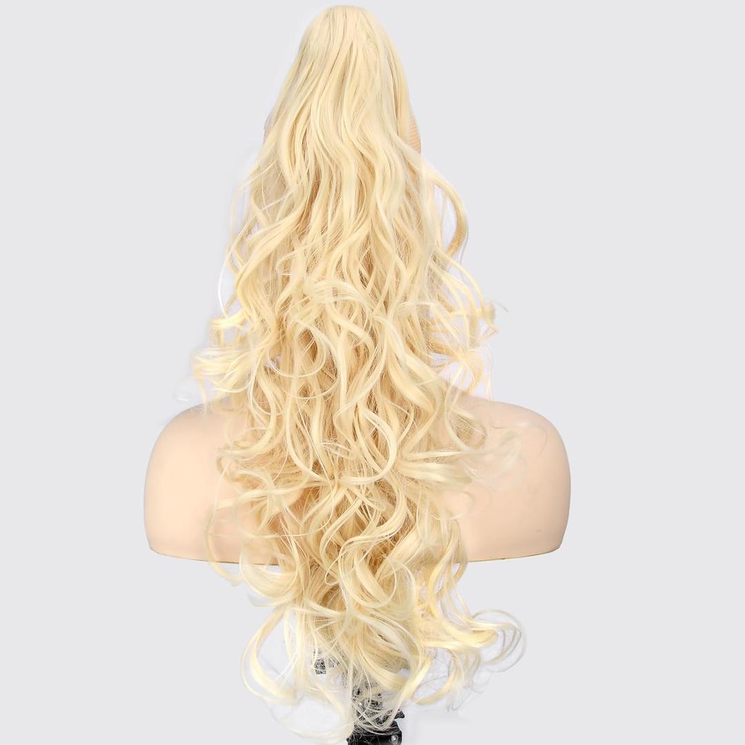 DIGUAN Claw Clip In Wavy Loose curly Synthetic Wrap Around Ponytail Extensions 24 Inches Pony Tail Clip In Extensions for Women Girl 7.4oz/210g (#Light Blonde)