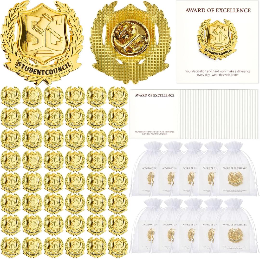 Sureio 50 Set Student Council Lapel Pins Bulk 2026 Graduation Souvenir Gifts Gold School Award Badges 1 Inch with Card, Organza Bag Student Gifts from Teacher