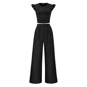 KIRUNDO Owo Piece Sets For Women Dressy 2026 Summer Cap Sleeve Wide Leg Pants Spring M Black