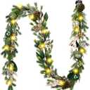 DecorbyHannah Christmas Garland with Lights, 9Ft Prelit Christmas Garland for Mantle, Stairs Railing, Lighted Xmas Garlands with Pine Cone, Bow Ornaments for Home Outdoor Decor(Green Gold)