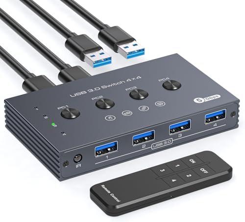 USB 3.0 Switch Selector 4 Computers Share 4 Port USB A Devices for Mouse Keyboard Printer Scanne with Wireless Remote Control and Cable Included