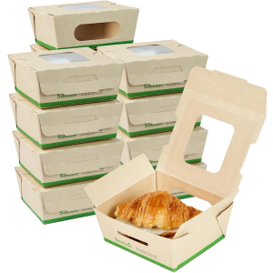 Restaurantware-Sustain 12 Ounce Sturdy Paper Take Out Boxes, 200 Disposable Take Out Food Containers - With PLA lining, Two Clear PLA Windows, Bamboo Paper Containers, Compostable, Greaseproof