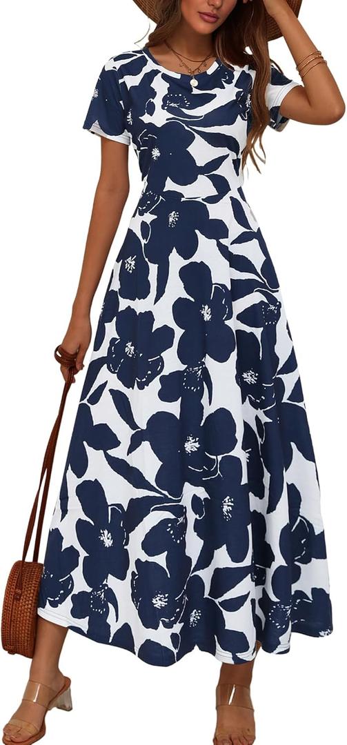 ZABERRY Women's 2024 Short Sleeve Round Neck Casual Summer Flowy Maxi Spring Dresses with Pockets (Blue, M)