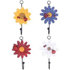 Resin Daisy Flower Wall Hooks Decorative Hooks Vertical Key Holder for Entryway Bathroom Office for Wall Cute Hooks (4 Color, 4 Pcs)