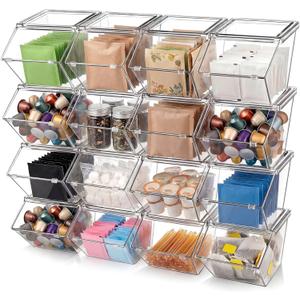 Yerliker 16 Pcs Clear Plastic Storage Bins with Lids Large Stackable Pantry Storage Organizer Bins Kitchen Organization Cabinet Organizers Ideal Containers for Fridge Kitchen abinets Bathroom