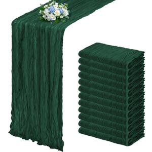 12 Pack Emerald Green Cheesecloth Table Runner 17x108 Inch Semi Sheer Boho Gauze Cheese Cloth Fabric Table Runners, for Wedding Party Baby Shower Birthday Home Decor Garden Farmhouse
