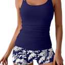 Eomenie Women's Swimsuit Tankini Set Modest Tummy Control Slimming Bathing Suits Two Piece Swim Suit with High Waisted Short (Large, Navy Blue Leaf)