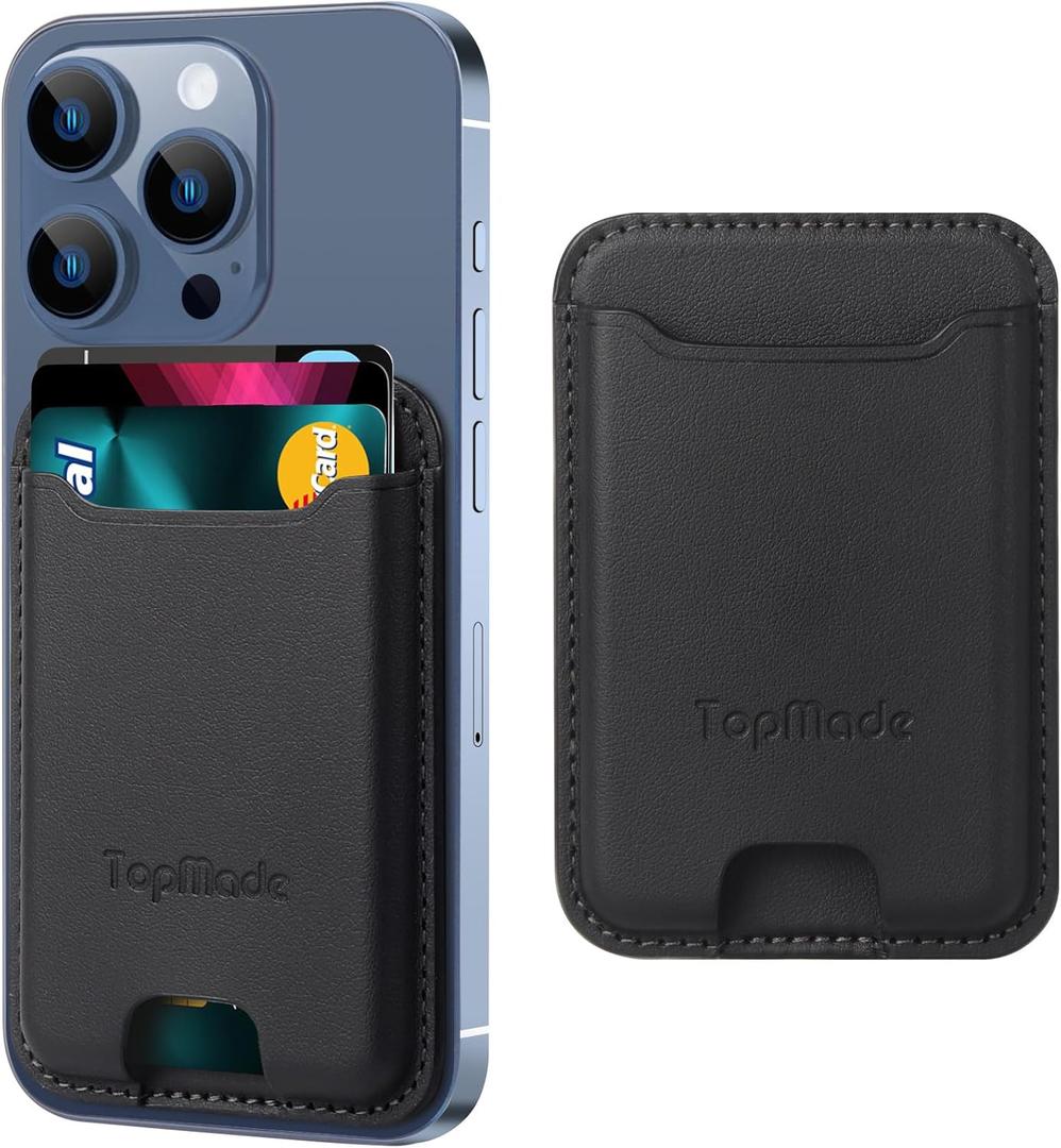 TopMade Phone Card Holder, Premium Leather Phone Wallet Stick on, Stronger 3M Adhesive Credit Card Holder for Back of Phone Case, iPhone, Samsung, and Android, RFID Blocking, Fit 4 Cards, Black