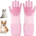 Silicone Pet Bathing Gloves with Finger Toothbrush 2-in-1 Grooming & Deshedding Gloves for Cats, Dogs, Rabbits Extended Design for Easy Cleaning & Massage(Pink)
