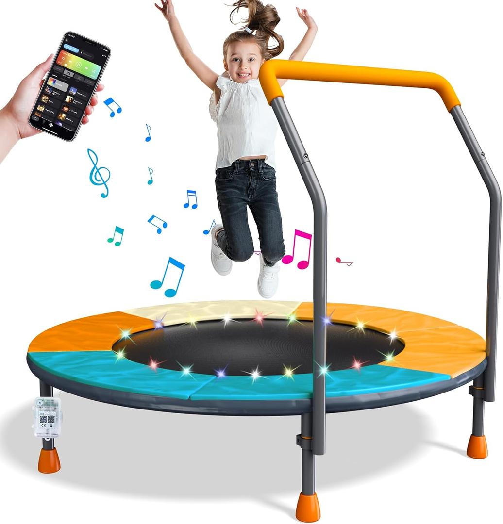 3FT Foldable Kids Trampoline with LED Lights & Music, 36" Mini Trampoline Adjustable Handlebar, Spring-Free Design, 150lbs Capacity for Toddlers 1-6 Years, Indoor/Outdoor Fitness & Developmental Toys