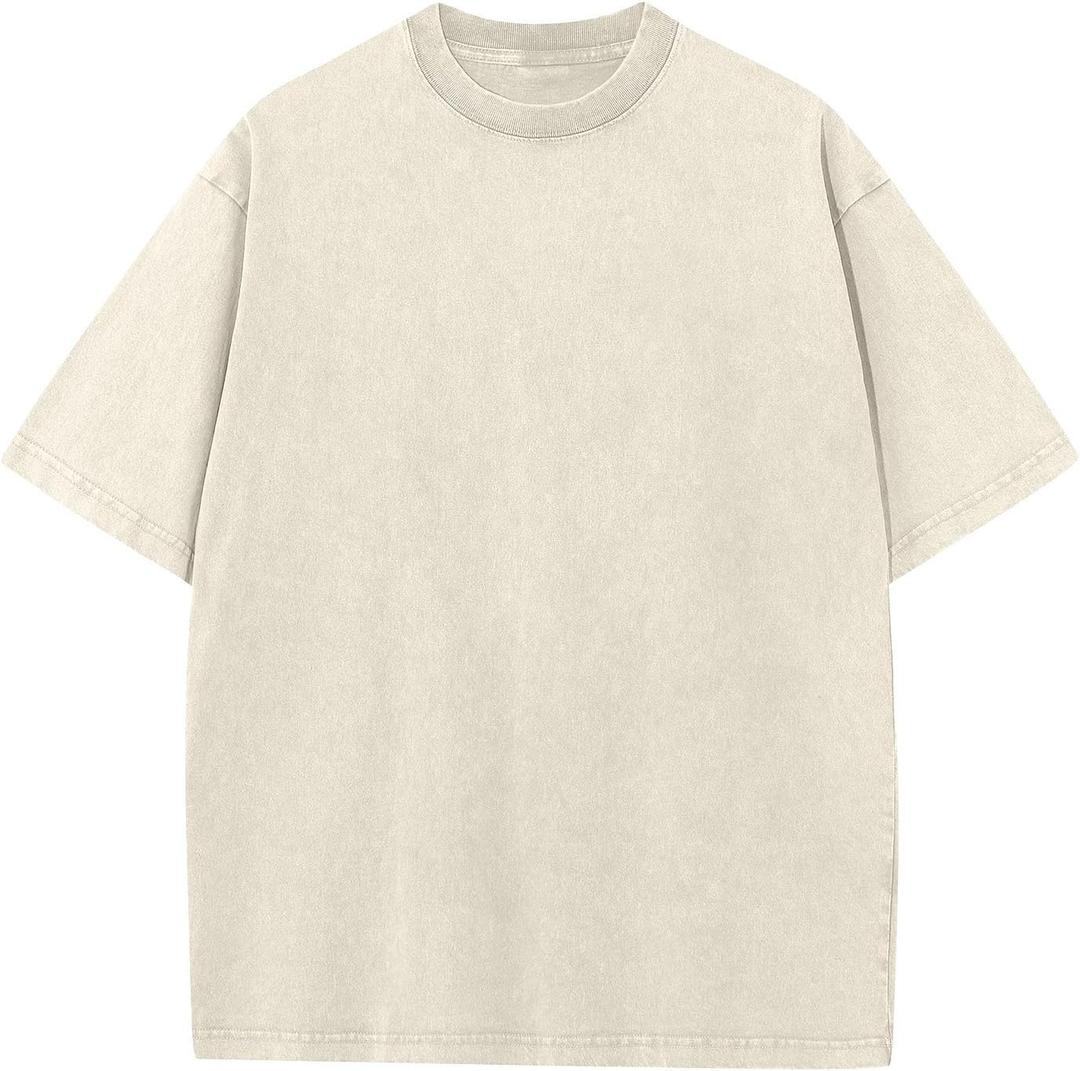 Men's Cotton T-Shirts Oversized Unisex Short Sleeves Casual Loose Wash Solid Basic Tee Tops (Medium, Beige)