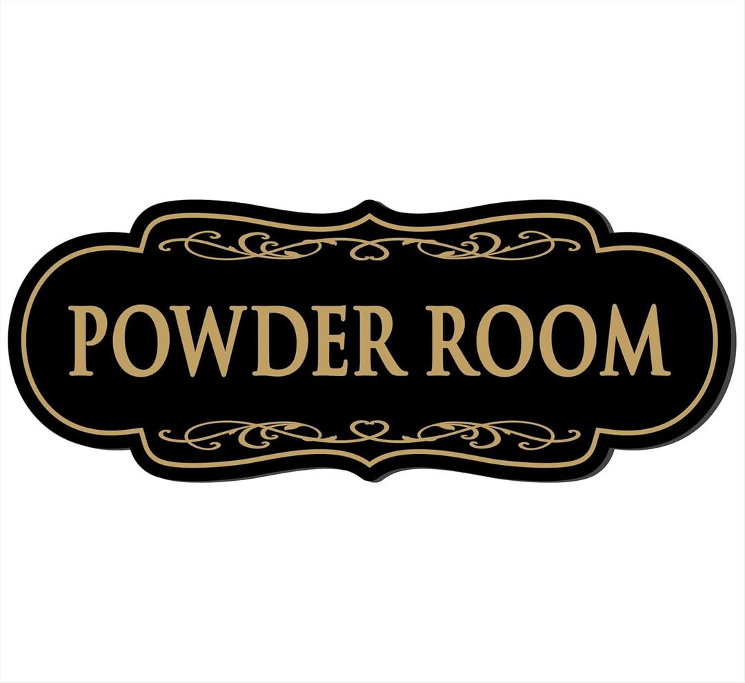 Powder Room Sign, Premium Durable Frosted Acrylic Material, Super Strong Self-Adhesive, Quick Installation, Suitable For Home, Office And Commercial Bathroom (9 * 3.5 Inches, Black/Gold)