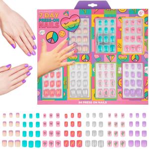 7 Day Manicure Collection - 84PC Press On Nail Set, Day-Of-The-Week Adhesive False Nails for Girls (PEACE & LOVE Collection)  Colorful Novelty Designs Stick On Nails For Kids