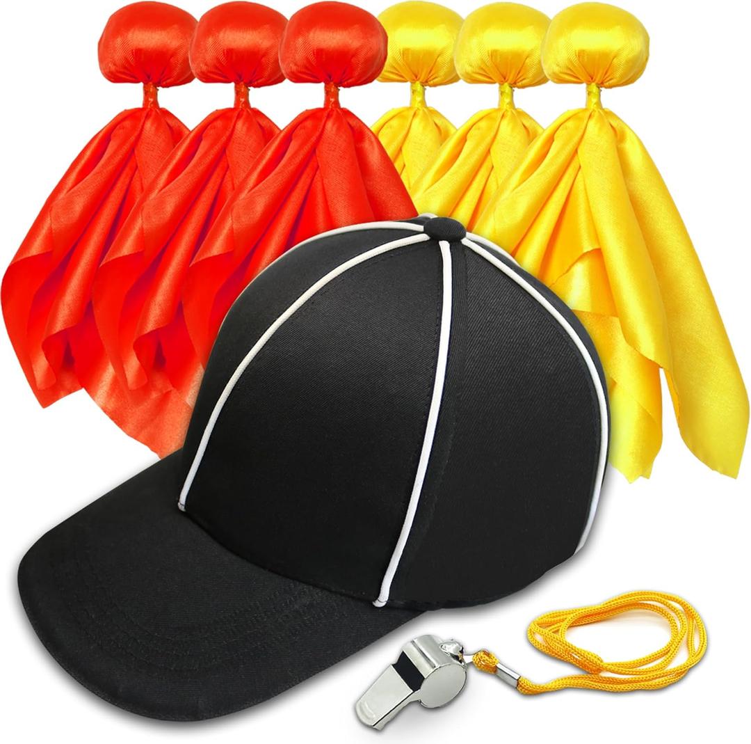 8 Pcs Challenge Flag Referee Hat Set,Tossing Flags Sports Fan Set Penalty Flag Party Accessory (3 Yellow and 3 Red),Official Football Hat and Stainless Steel Whistle,Referee Costume cap set