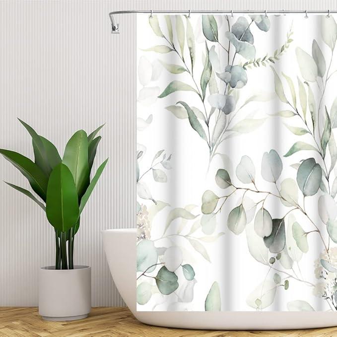 Eucalyptus Shower Curtain, Sage Green Shower Curtain for Bathroom Watercolor Botanical Shower Curtain Waterproof Fabric Shower Curtain Set with Hooks, 36 x 72 Inch
